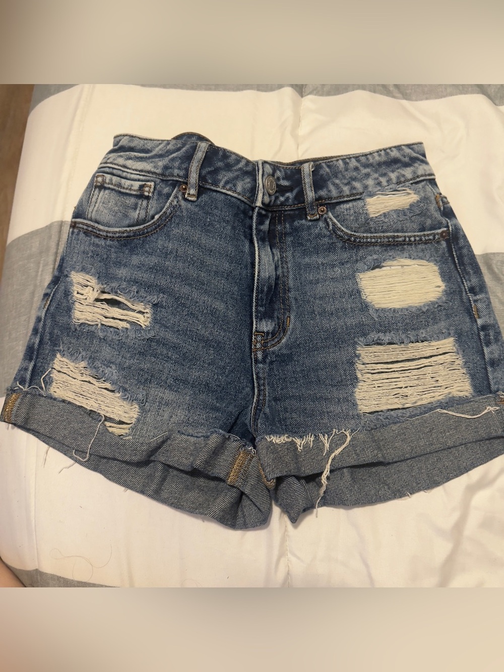 PacSun Women's Distressed Blue Denim Roll-Hem Shorts